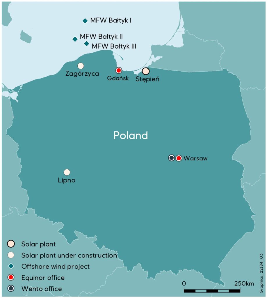 Grafikk av fremtidige og eksisterende fornybare energianlegg i Polen (Equinor ASA)