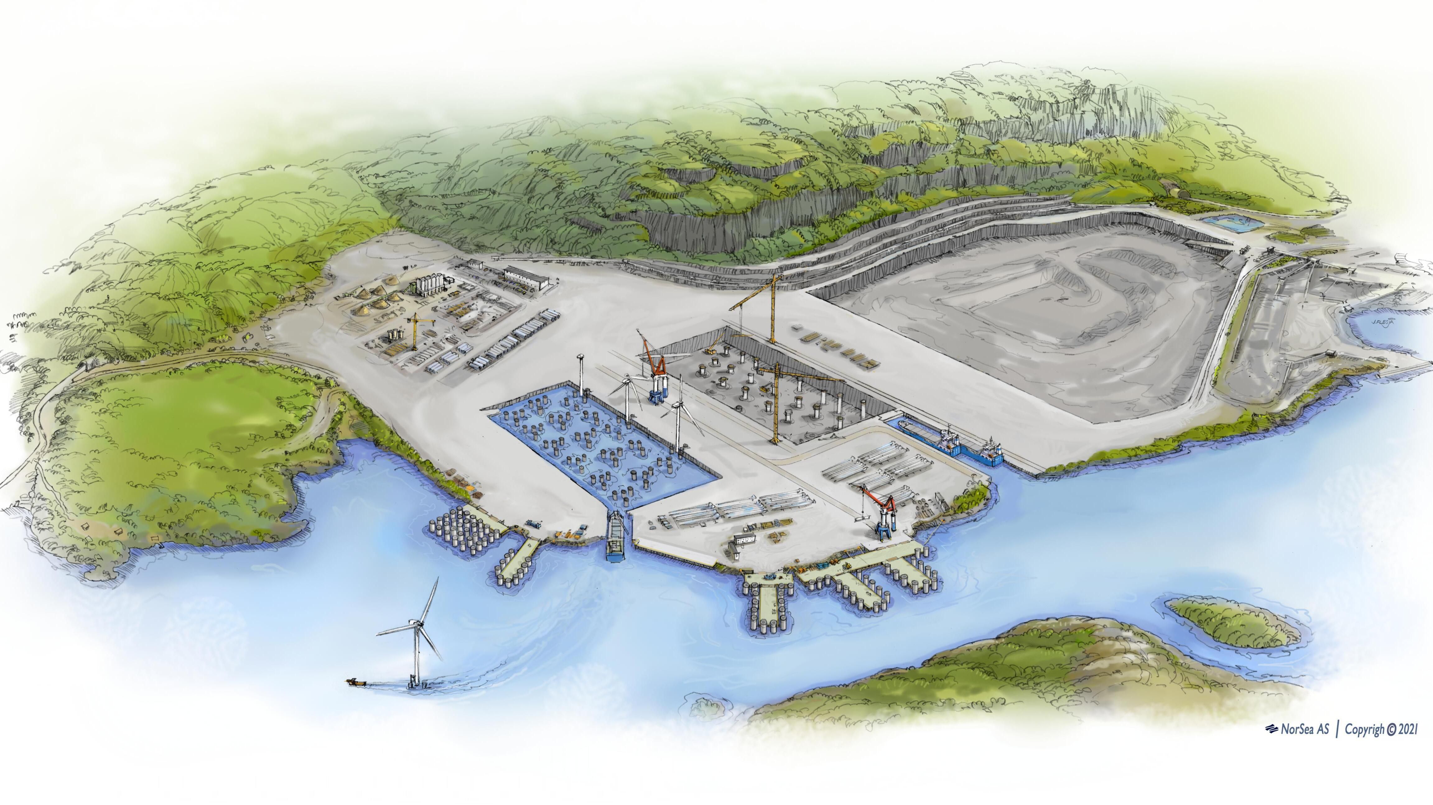 Illustrasjon av tiltenkt havvind-base i Jelsa. (Grafikk: NorSea AS)
