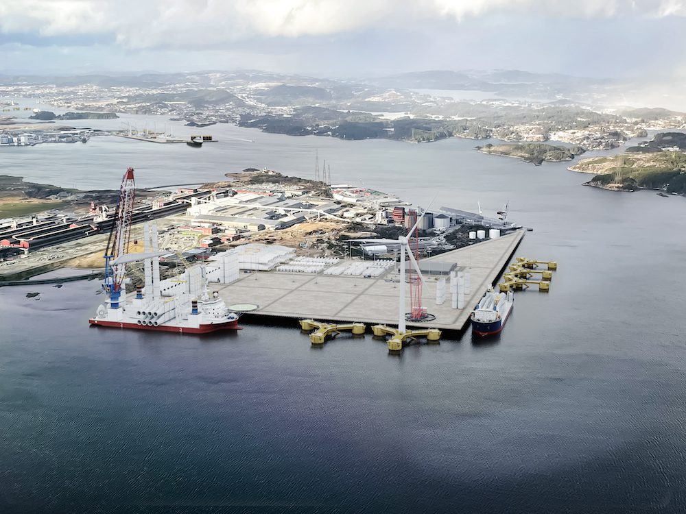 Illustrasjon over Haugesund Windport, Haavik, og Hydros fabrikkområde på Håvik. I bakgrunnen sees Haugesund Cargo Terminals, Husøy. Illustrasjon: Arqsix Foto: Karmsund Havn