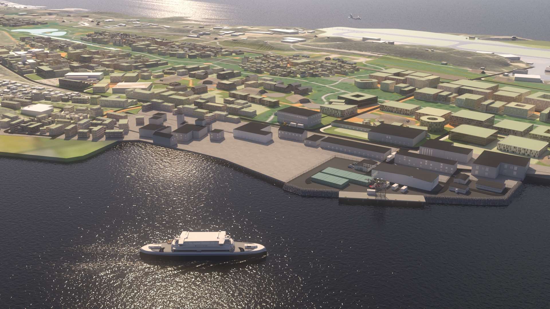 Illustrasjon av den planlagte fabrikken til GreenH på Langstranda i Bodø. Den planlagte flyplassen i bakgrunnen.
Illustrasjon: GreenH