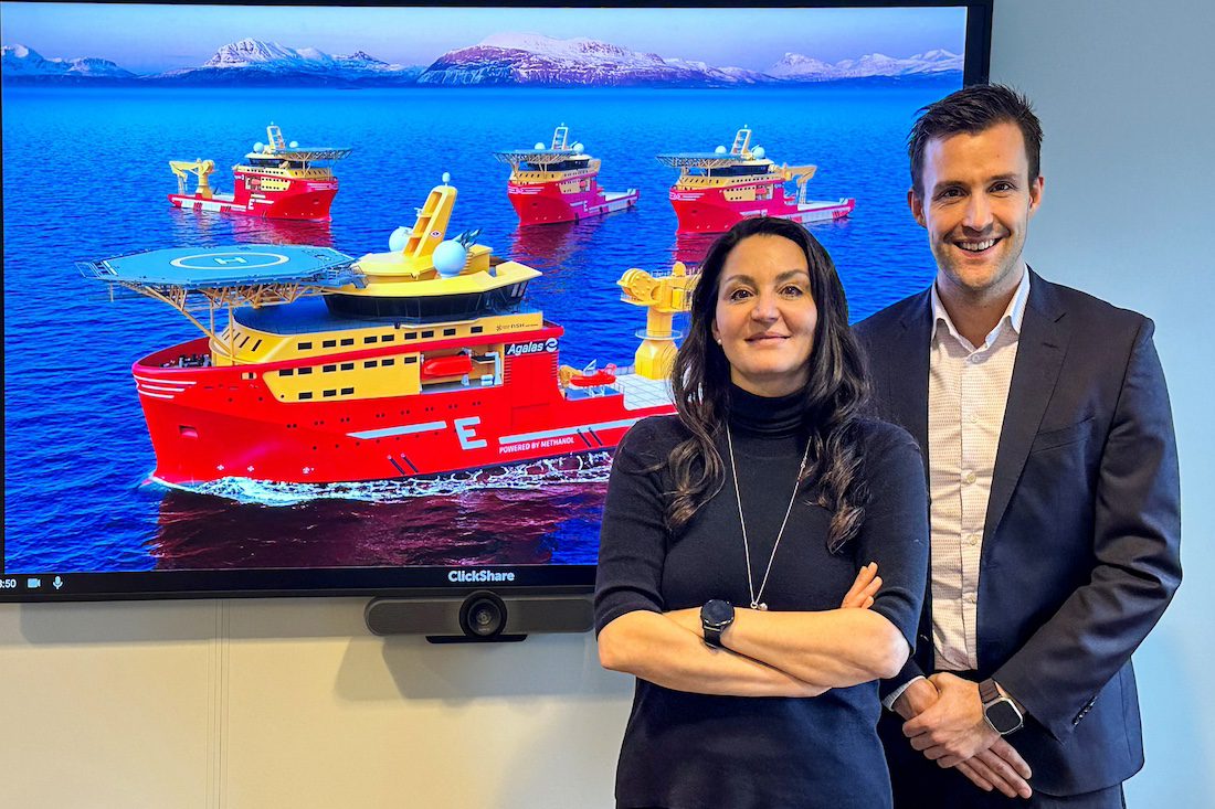 CEO i Eidesvik Offshore, Gitte Gard Talmo og CEO i Agalas, Mats Nygaard Johnsen inngår partnerskap for å bygge verdens første metanol-drevne fartøy for subsea og offshore vind markedene.